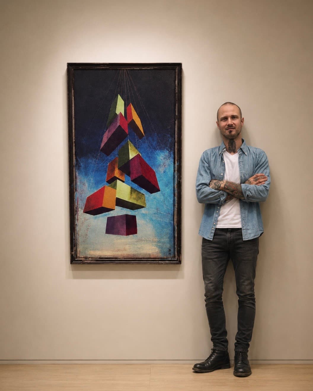 Mark Naradoo with a painting from the Time & Space series.